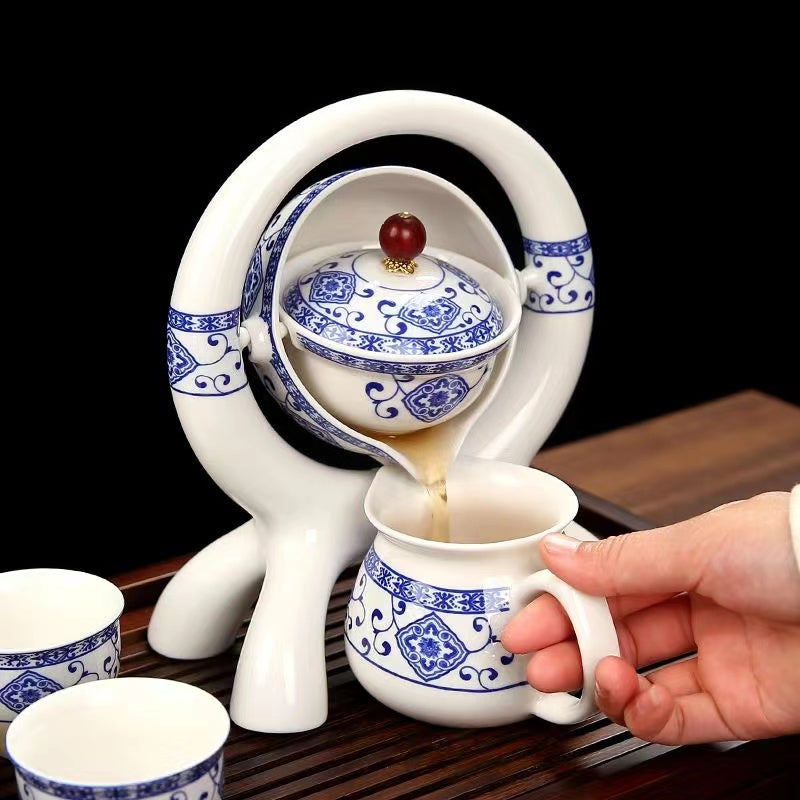 Blue and white porcelain automatic kung fu tea set with 6 teacups