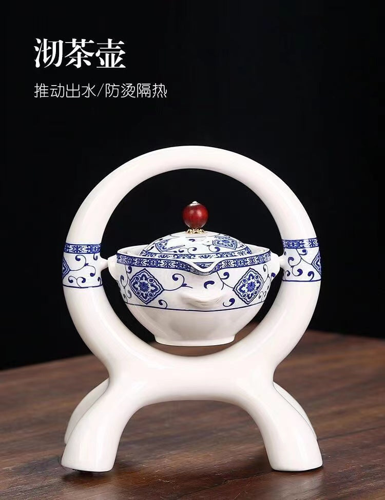 Blue and white porcelain automatic kung fu tea set with 6 teacups