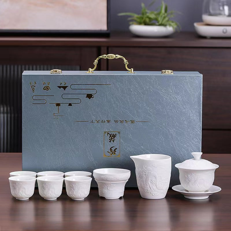 Suet-Jade Unglazed Kung Fu Tea Set Flying Dragon in the Sky Relief