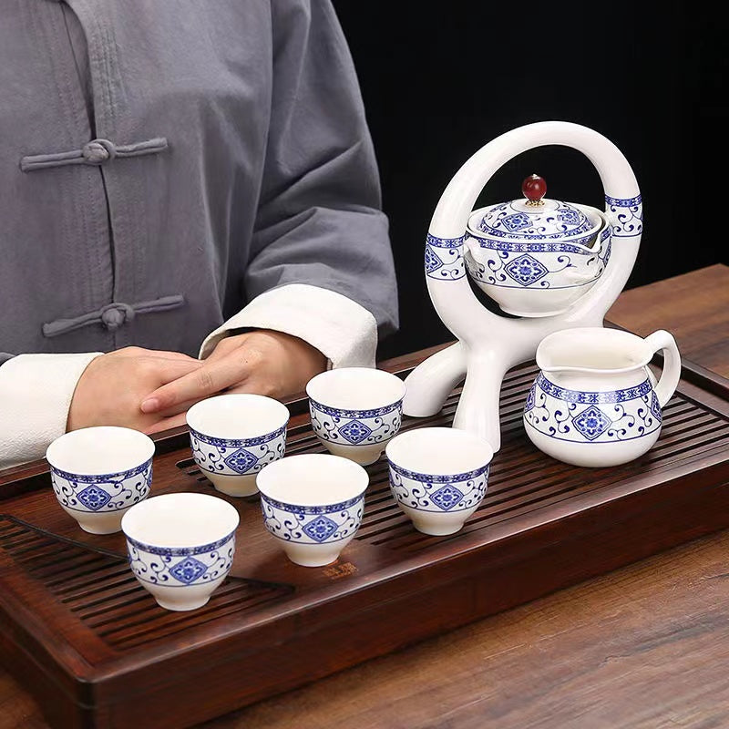 Blue and white porcelain automatic kung fu tea set with 6 teacups