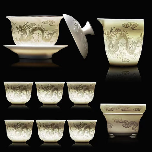 Suet-Jade Unglazed Kung Fu Tea Set Flying Dragon in the Sky Relief